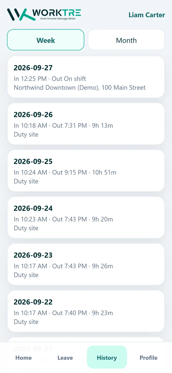 WorkTre Field app history screen listing a demo employee's clock-in and clock-out times for the week