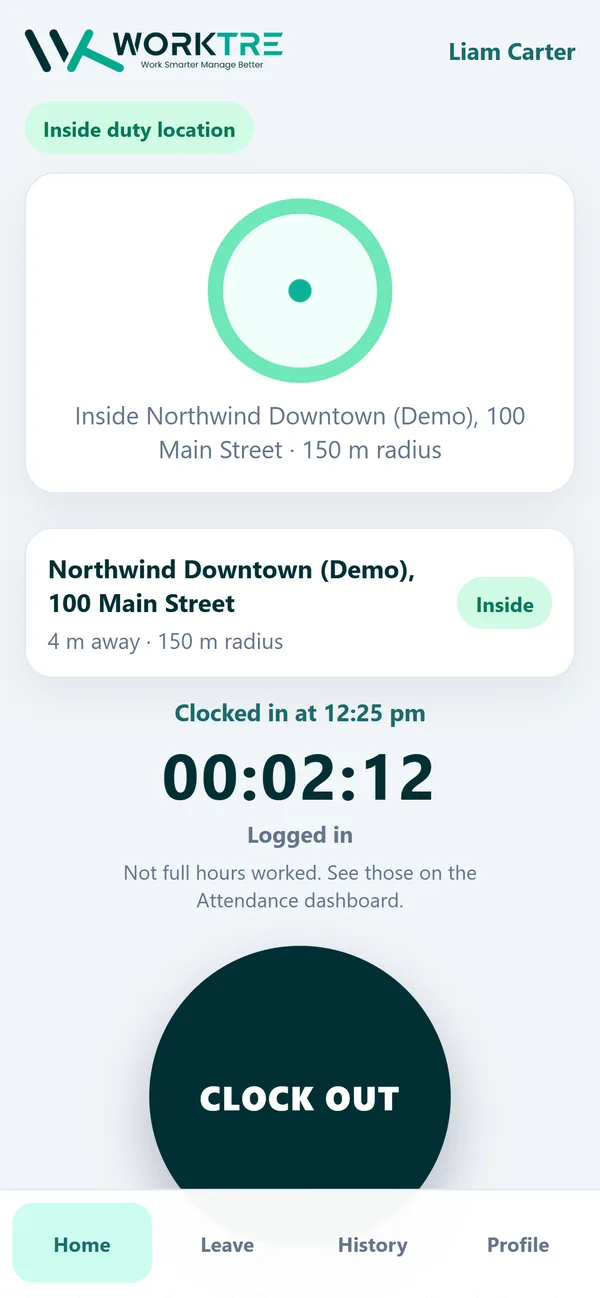 WorkTre Field app on a phone: an employee clocked in inside their assigned duty location