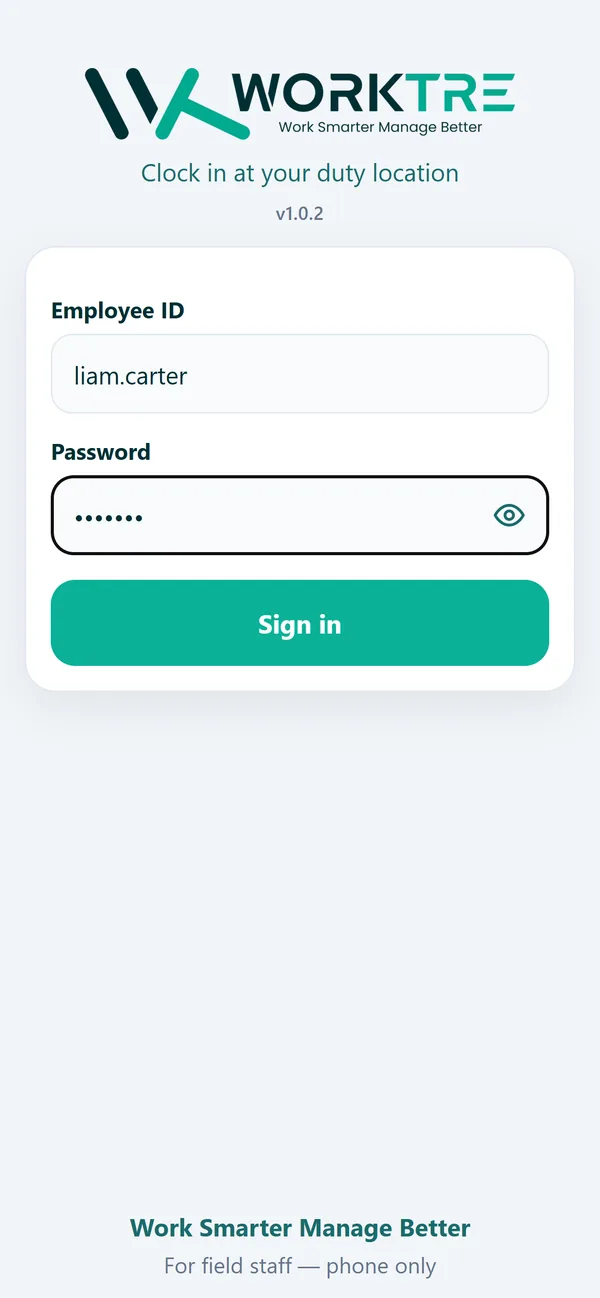 WorkTre Field app sign-in screen on a phone